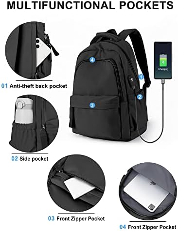 Small Backpack For School Girls Boys Aesthetic Lightweight Travel Daypack Simple Cute Backpack For Women Men Waterproof College High School Bookbag Fit 14 Inch Laptop With USB charging port,Black